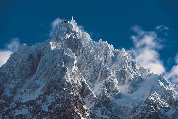 The Aiguille du Midi in full winter — the starting point for half the routes in the Mont Blanc range
