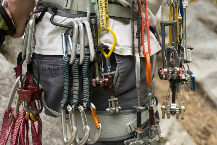 A full rack for the Valley — trad protection, nothing clipped unless you need it on the route