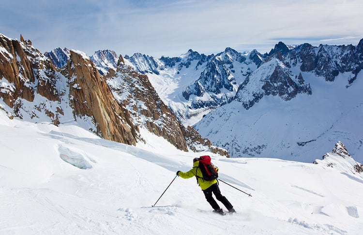Vallée Blanche in powder — the descent that justifies the entire ascent